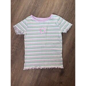 Garanimals Girls 4T Striped Ribbed Tee - Purple, Green & White with Flower Patch